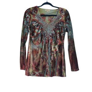 One World‎ Womens Velvet Long Sleeve Shirt Size S Grunge Fairy Boho Whimsical